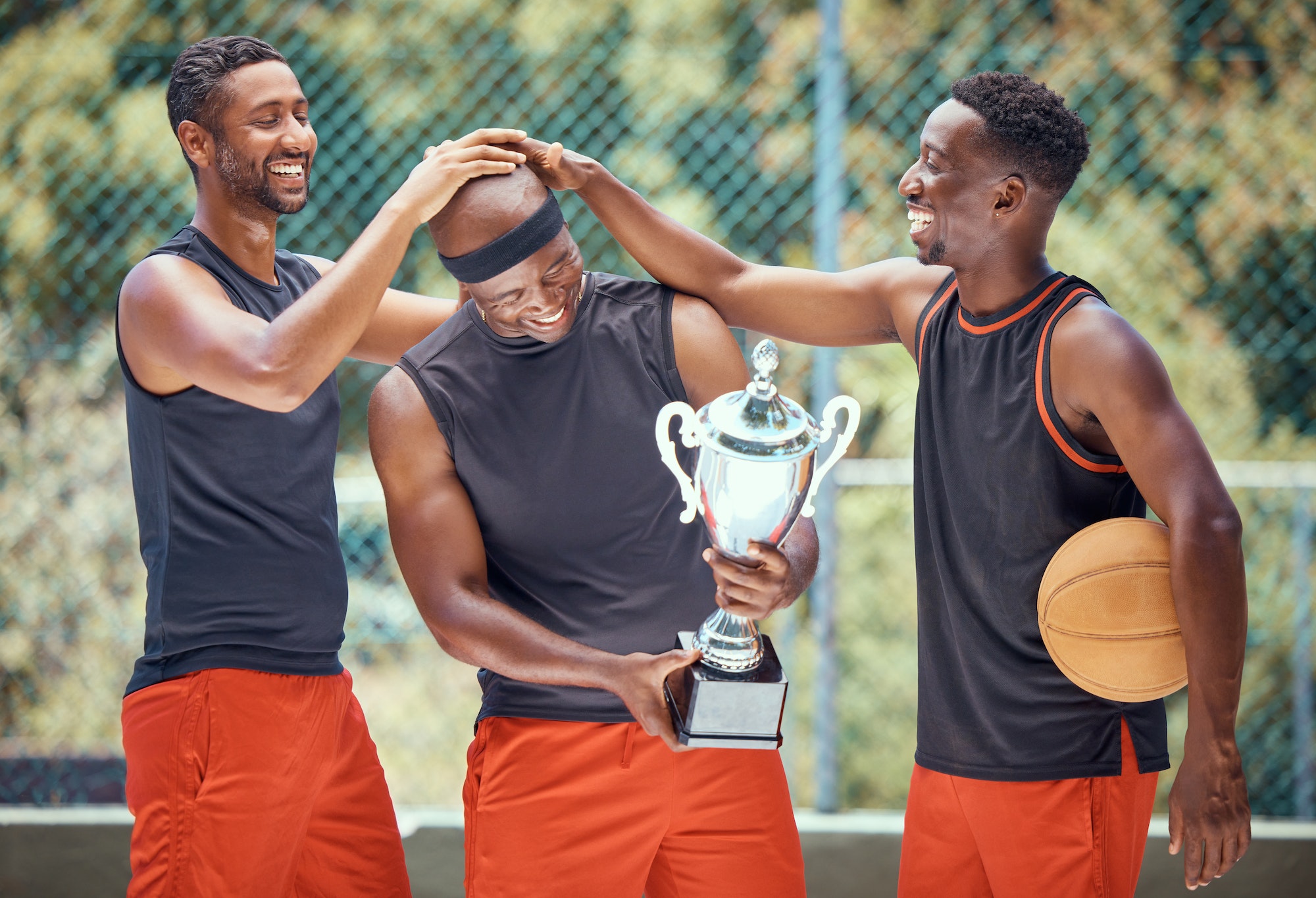 Basketball game, team sports and trophy winner in sport competition on court, collaboration for win